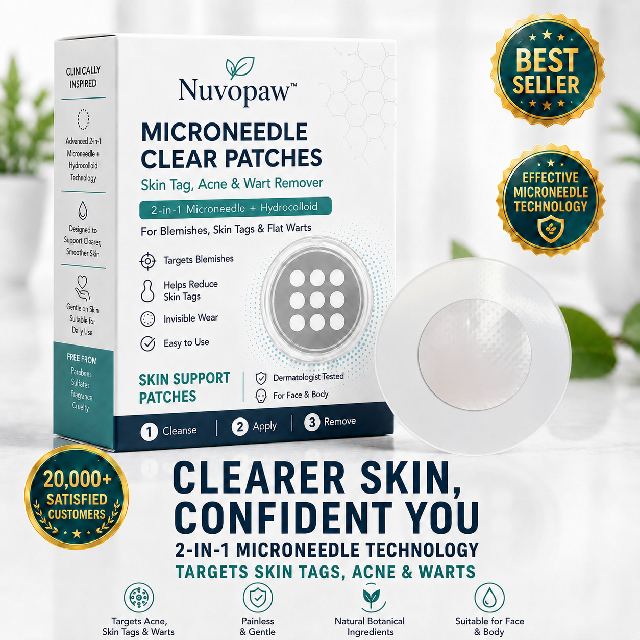 ✨Nuvopaw®2-in-1 Microneedle & Hydrocolloid Patch🍀| Removes Raised Moles, Acne, Flat Warts & Skin Tags | Helps Improve Wrinkles, Scars & Blemishes | Invisible Patches for Face & Body
