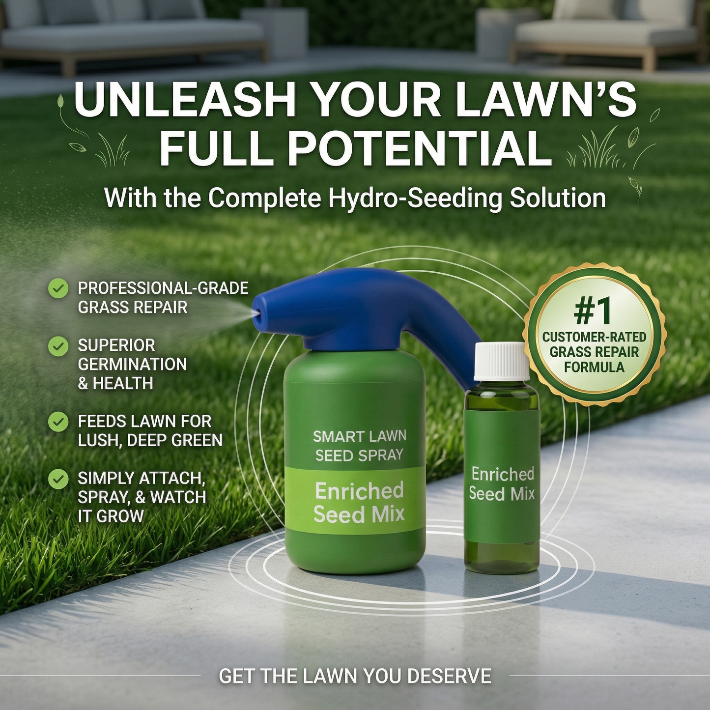 Easy Spray-On Grass Seed & Fertilizer Solution - Instantly Restore Thicker, Greener Lawns in Days (Includes Sprayer & Formula